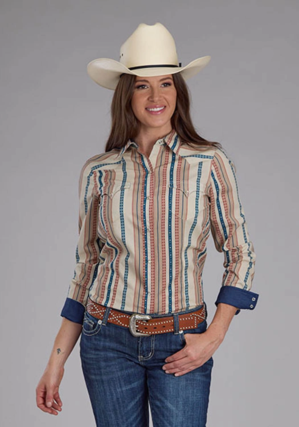 Roper Womens Southwest Vertical Stripe Tan/Blue 100% Cotton L/S Shirt Fade Resistant Formula