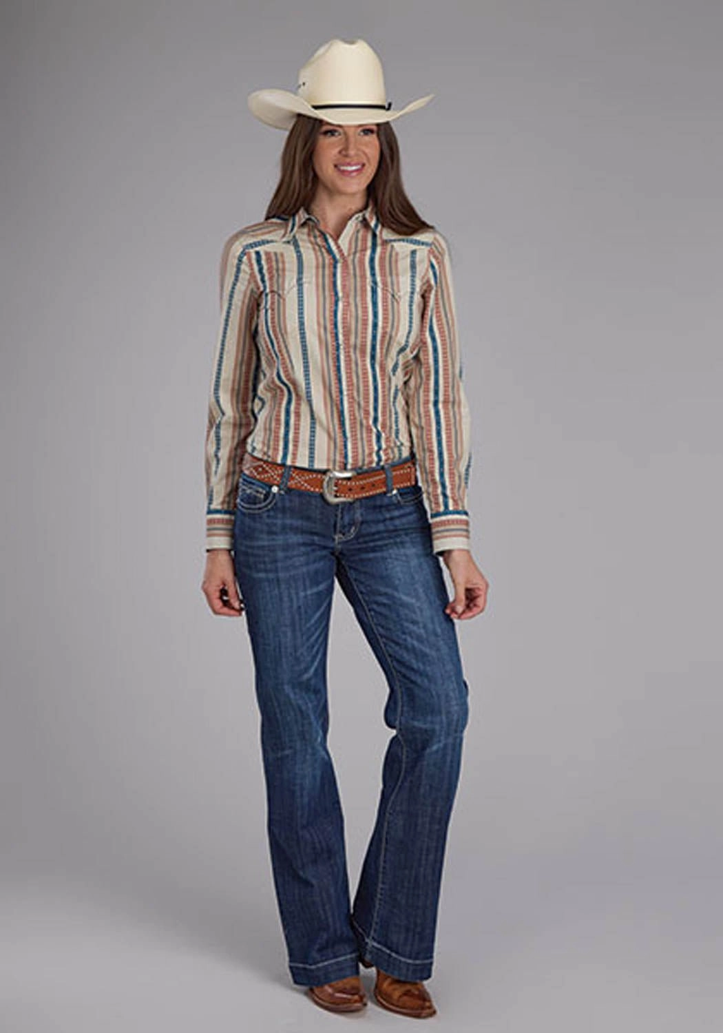 Minimalist Aesthetic Roper Womens Southwest Vertical Stripe Tan/Blue 100% Cotton L/S Shirt
