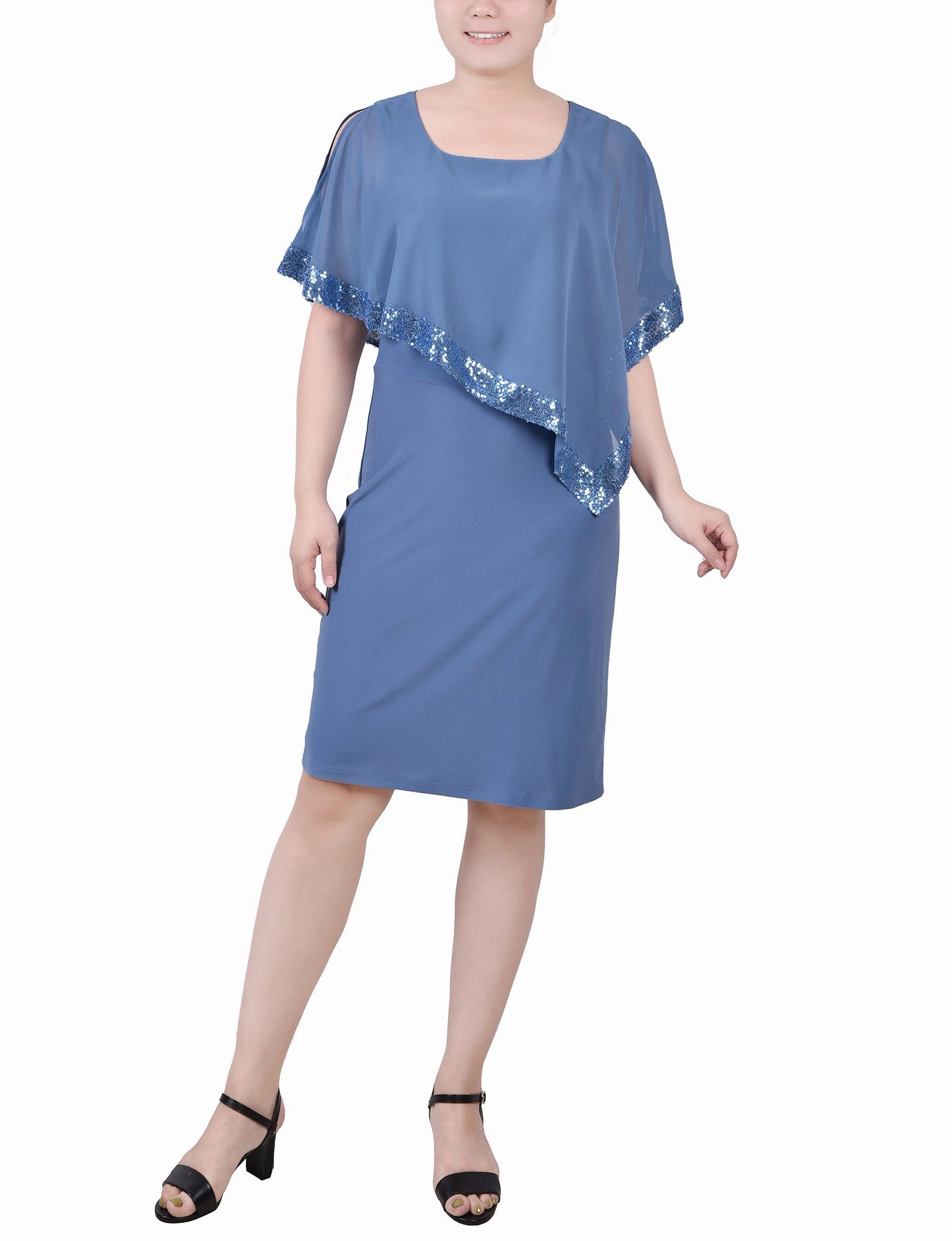 WrinkleFree Weaving DurableDoubleLayeredHem Poncho Style Sequined Dress