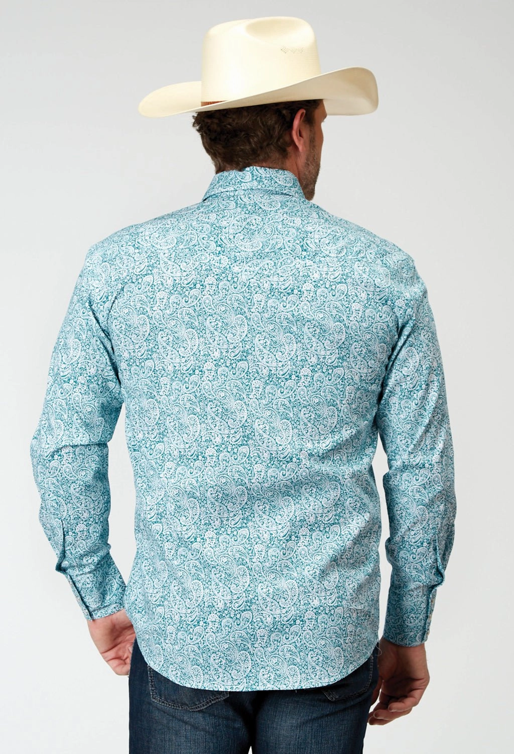 Roper Mens Paisley Teal Cotton Blend L/S Shirt Layered Collar