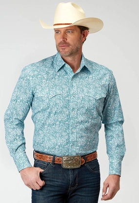 Roper Mens Paisley Teal Cotton Blend L/S Shirt Neutral Tones