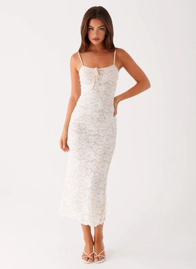 Drawstring-Waist Dreamy Drape Postcards Lace Midi Dress - Ivory