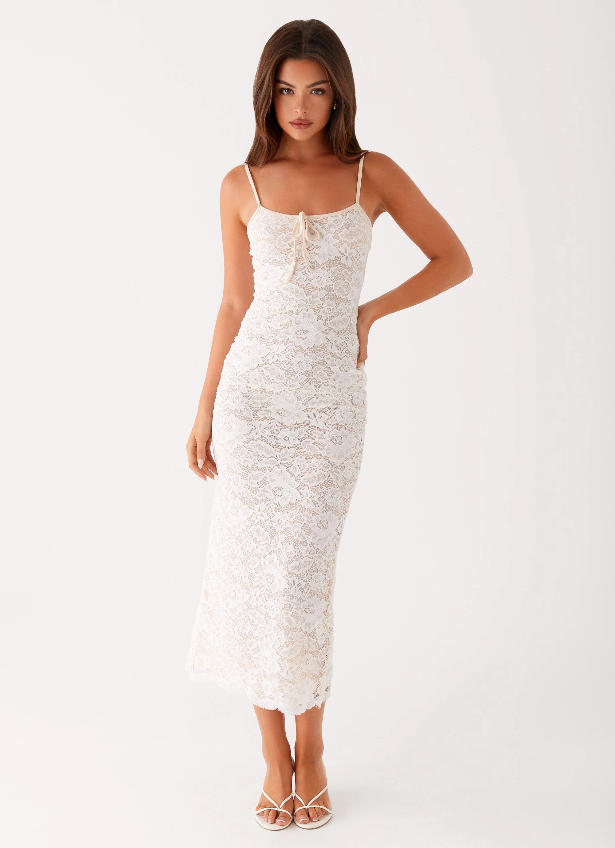 Drawstring-Waist Dreamy Drape Postcards Lace Midi Dress - Ivory