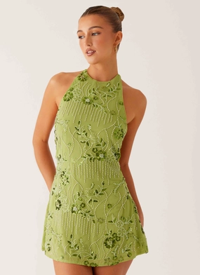 Leo Beaded Mini Dress - Green Elegant Evening Teddy Coat