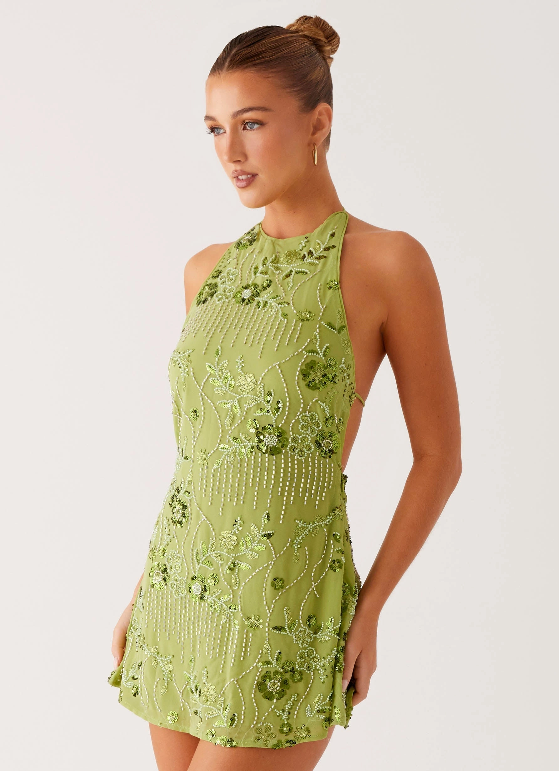 Leo Beaded Mini Dress - Green Pattern Print Checkered Style