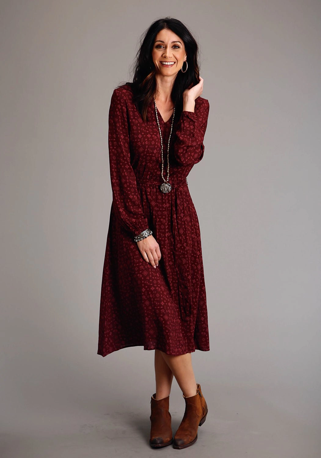 Oversized Fit Stetson Womens Ditzy Western Wine 100% Rayon L/S Dress