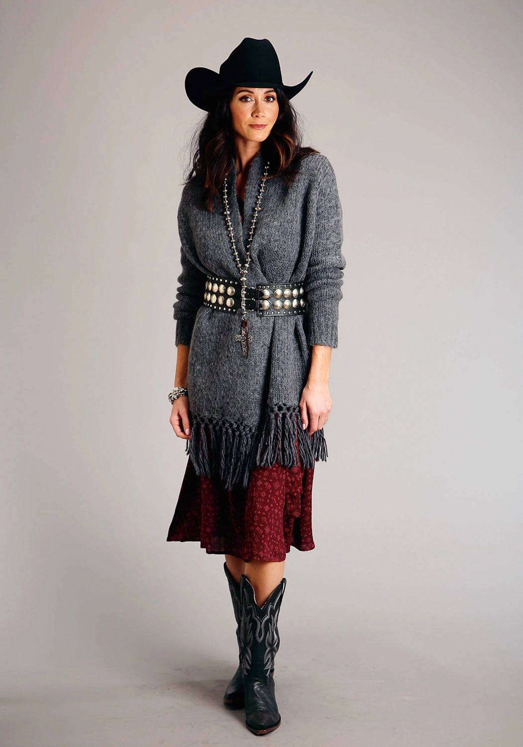 Wrap Glow Stetson Womens Ditzy Western Wine 100% Rayon L/S Dress