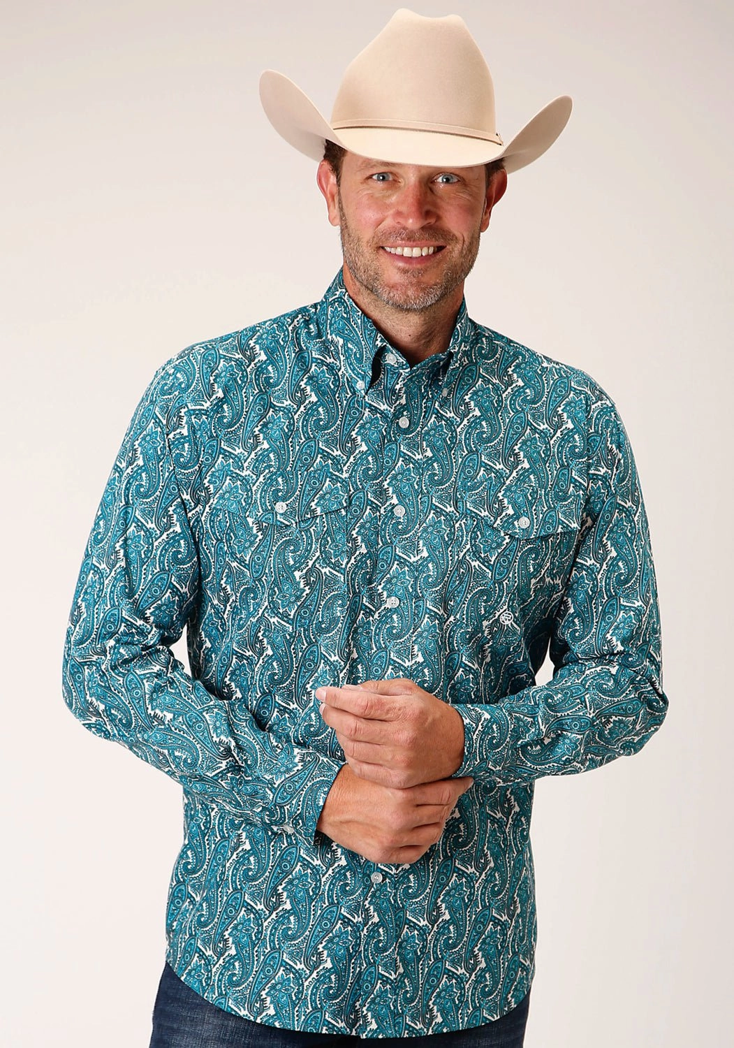 Summer Camp Roper Mens Turquoise 100% Cotton Upstream Paisley BD L/S Btn Shirt