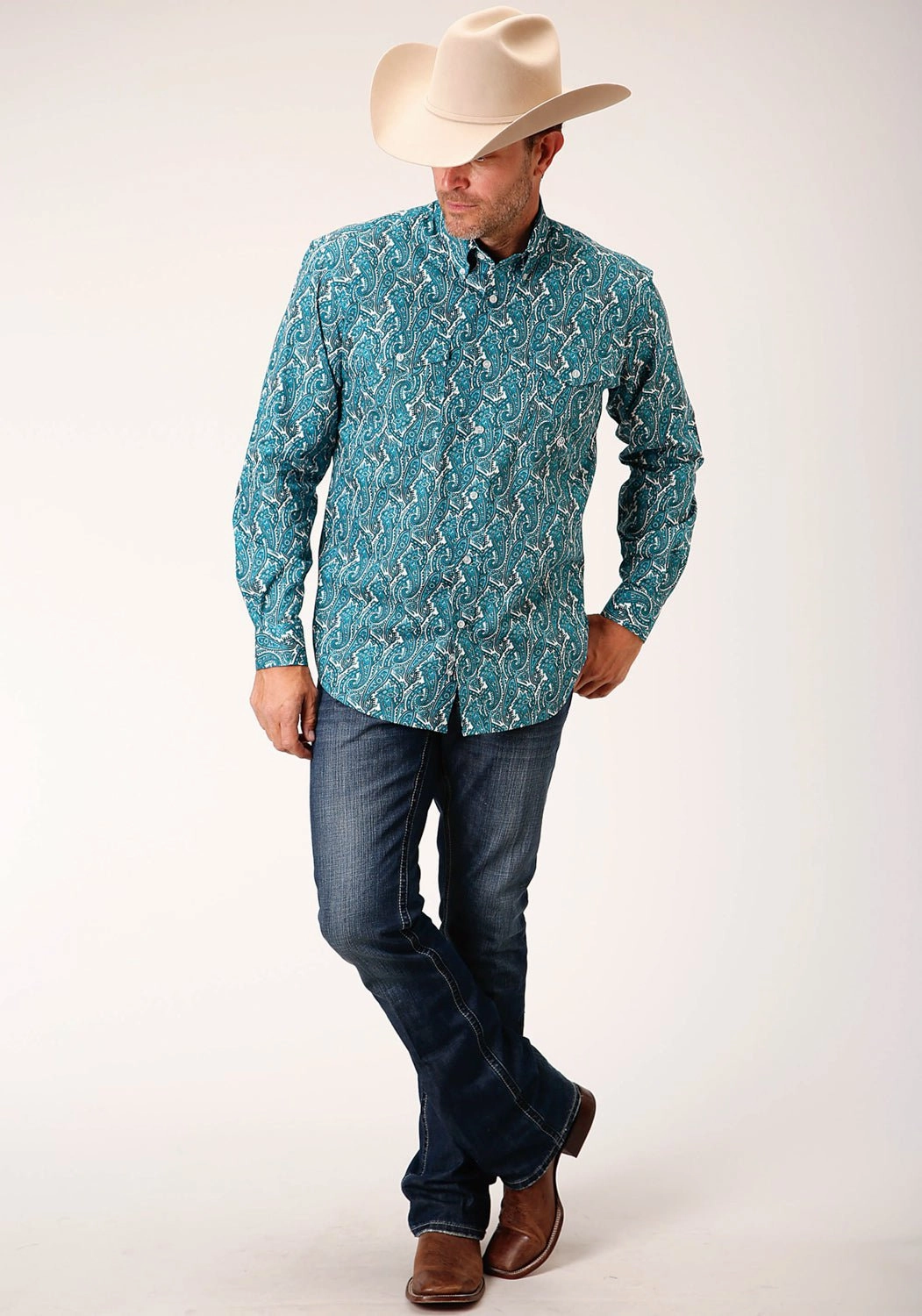 Abstract print Roper Mens Turquoise 100% Cotton Upstream Paisley BD L/S Btn Shirt