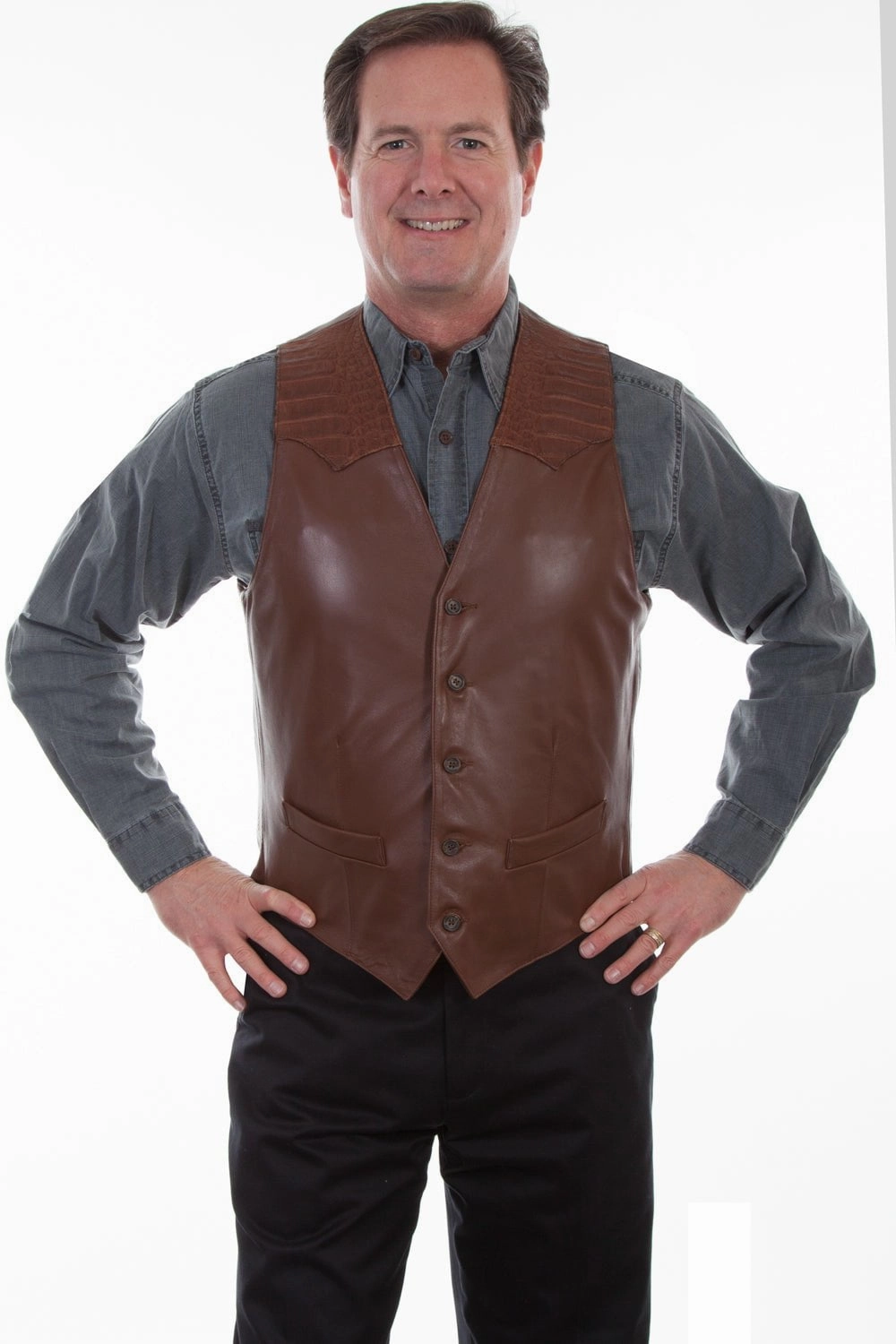 City Style Scully Mens Tobacco Lamb Leather Caiman Inset Vest