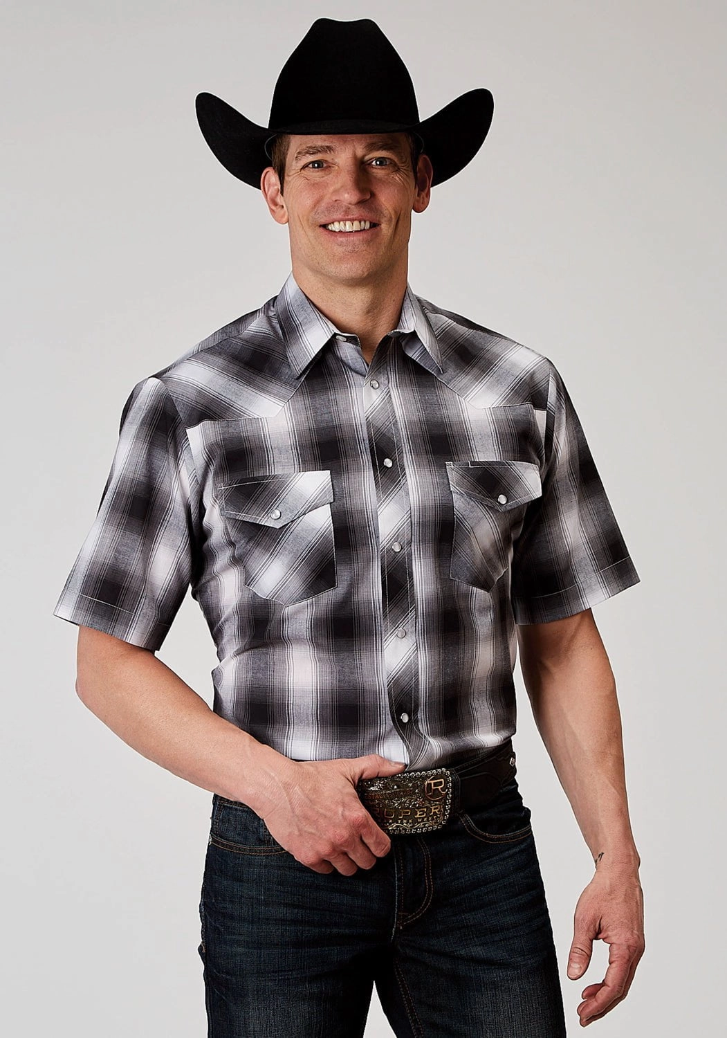 Abrasion Resistant Edging Party Ready Roper Mens 1972 Plaid Black/White Cotton Blend S/S Shirt