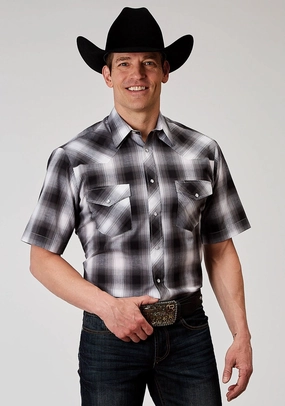 Abrasion Resistant Edging Party Ready Roper Mens 1972 Plaid Black/White Cotton Blend S/S Shirt