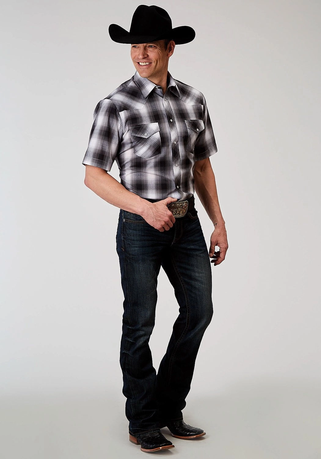 Roper Mens 1972 Plaid Black/White Cotton Blend S/S Shirt Twill Weave Casual Wear