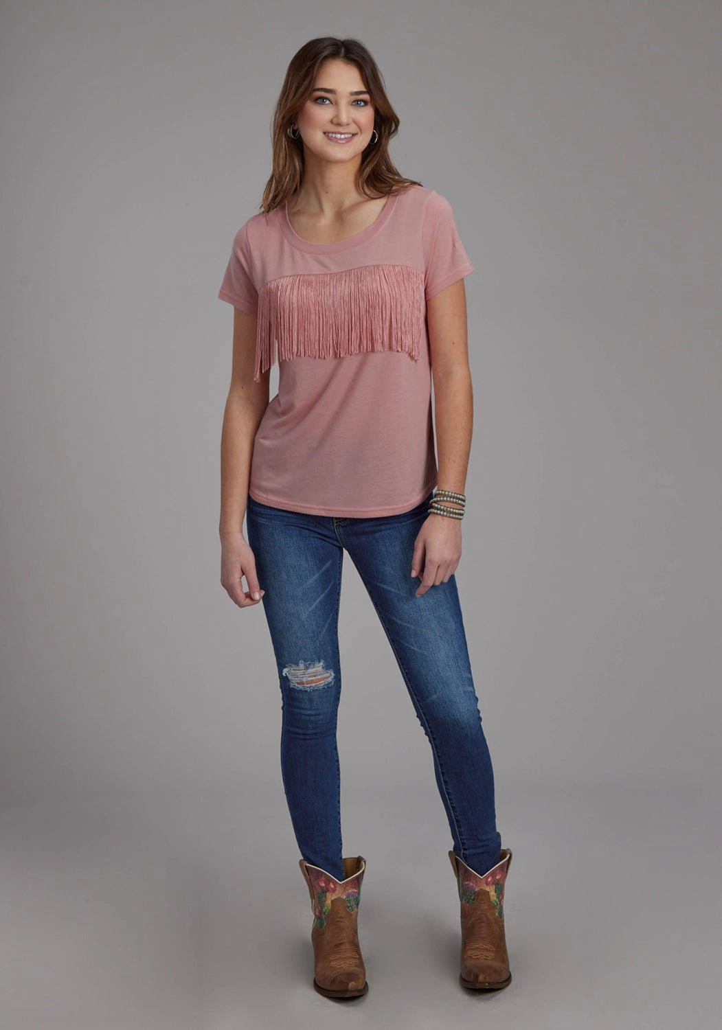 Trendy Look Versatile Layering Roper Womens Front Yoke Fringe Pink Poly/Rayon S/S T-Shirt