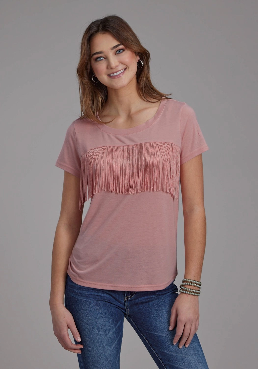 Roper Womens Front Yoke Fringe Pink Poly/Rayon S/S T-Shirt Party Ready Reinforced Elbow Patches