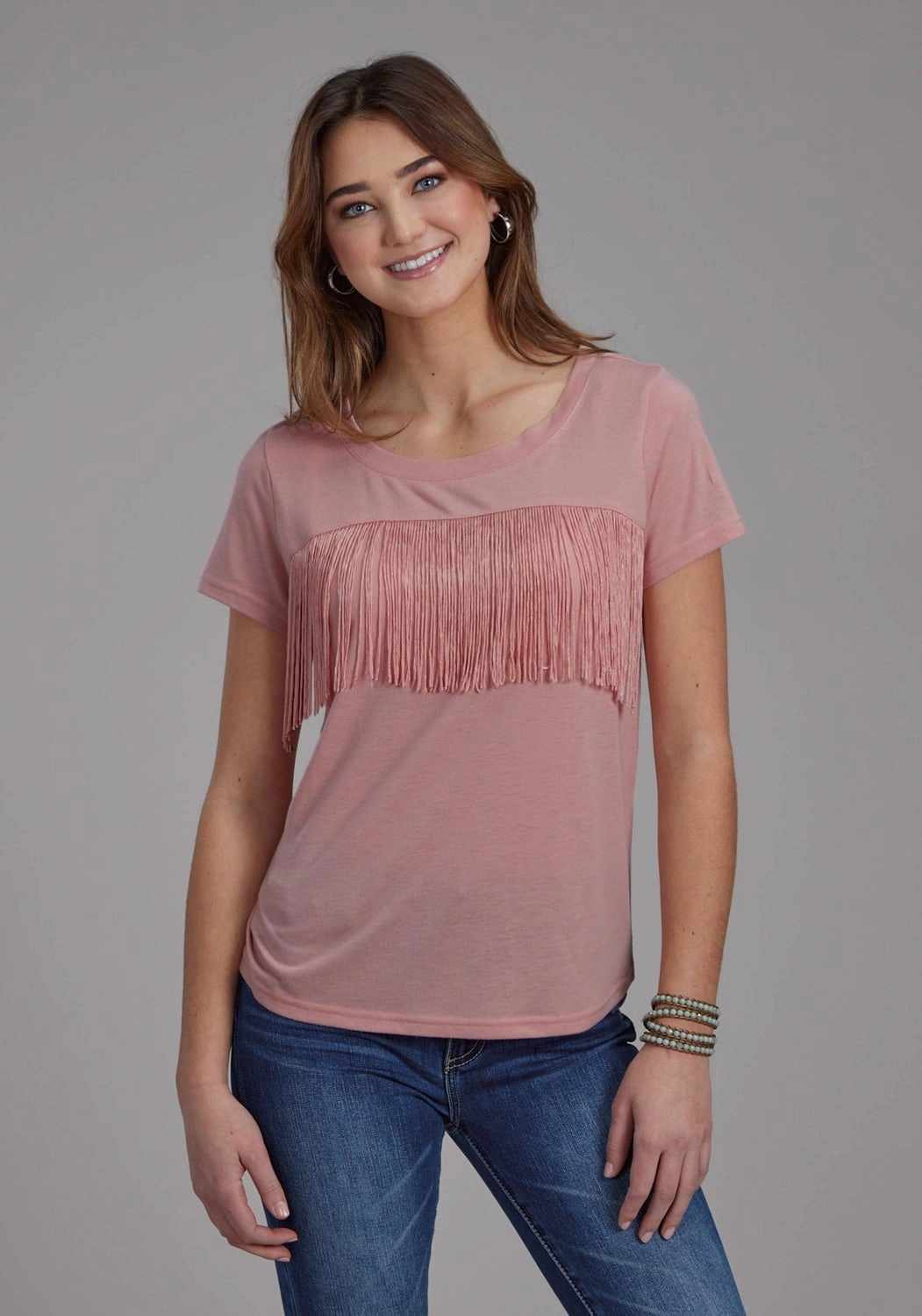 Roper Womens Front Yoke Fringe Pink Poly/Rayon S/S T-Shirt Hypoallergenic Lining