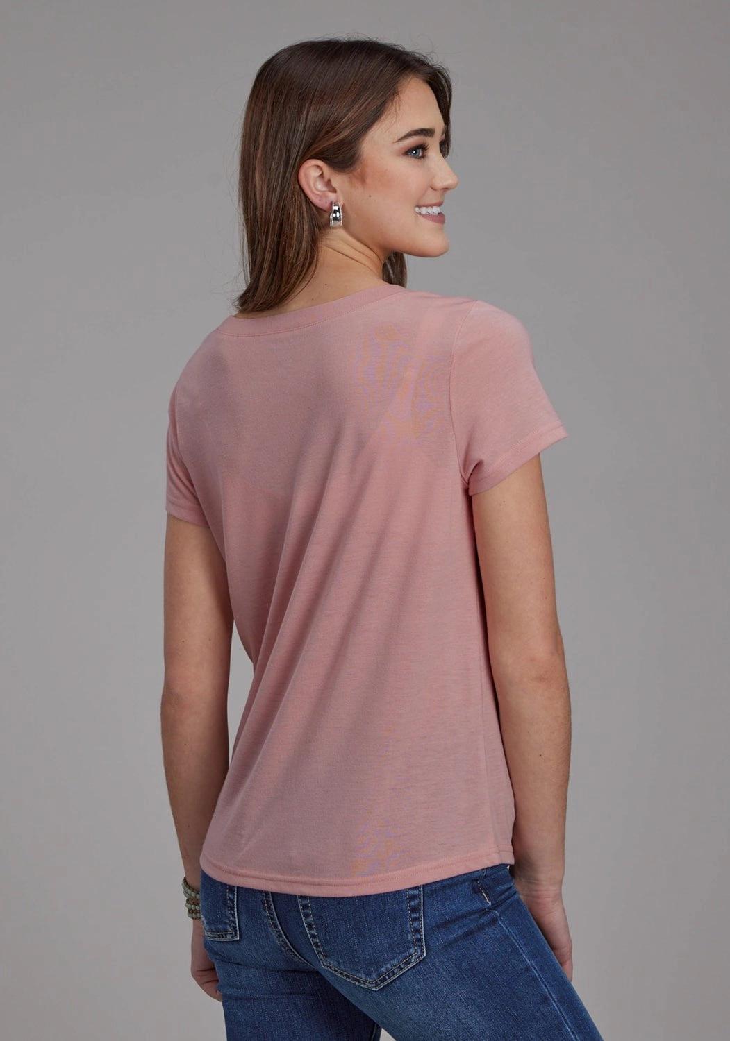 Multipurpose Layering Fabric Eco Dye Technique Roper Womens Front Yoke Fringe Pink Poly/Rayon S/S T-Shirt