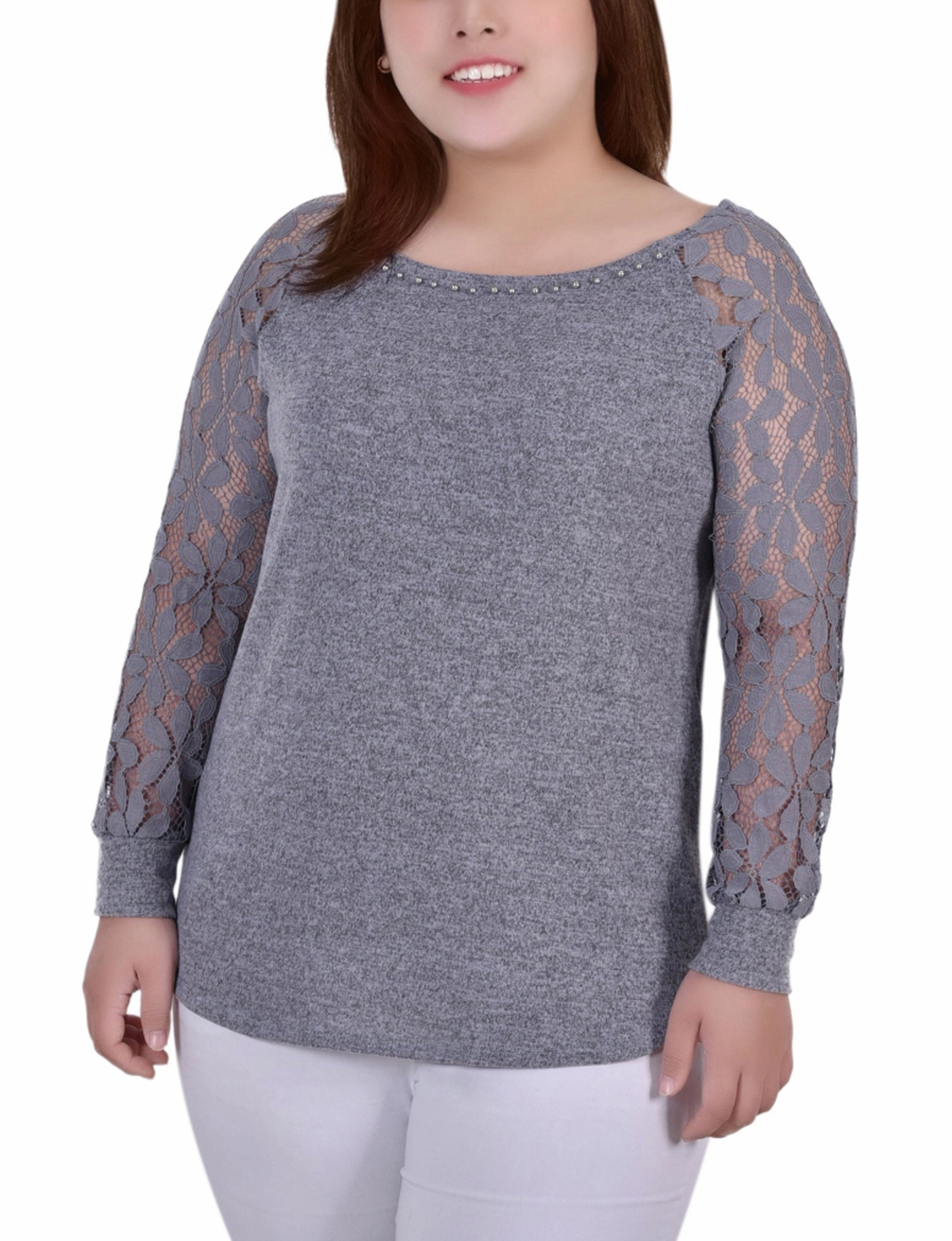 Heather Effect Finish Plus Size Long Lace Sleeve Top