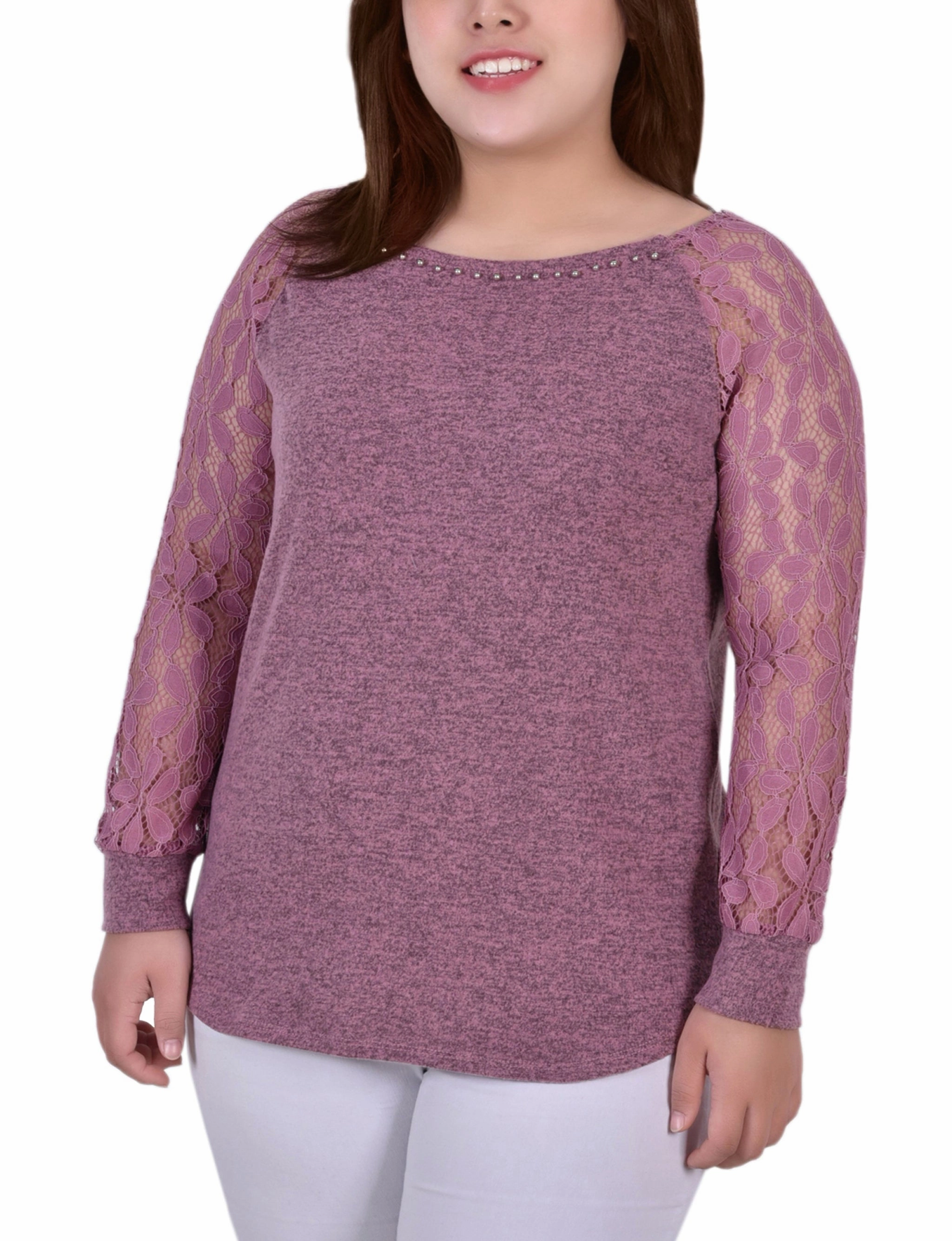 Plus Size Long Lace Sleeve Top AdjustableCuffs
