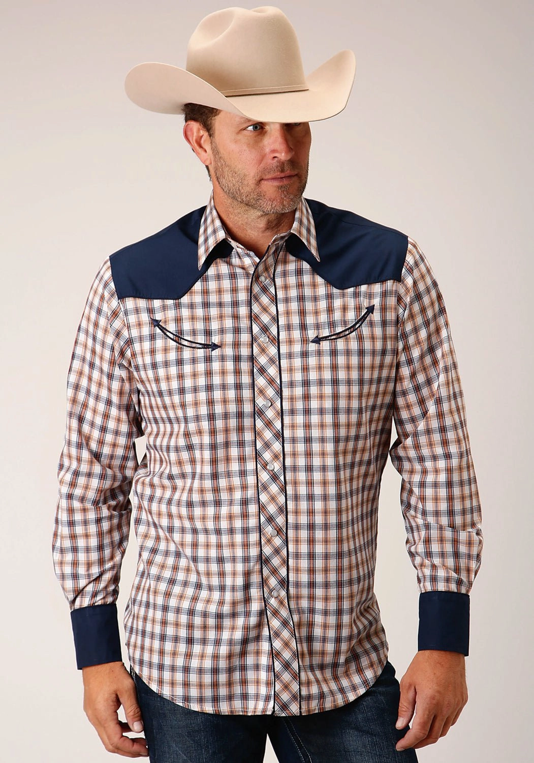 Athleisure Trend Luxury Feel Roper Mens Windowpane Plaid Fancy Navy/Gold Cotton Blend L/S Shirt
