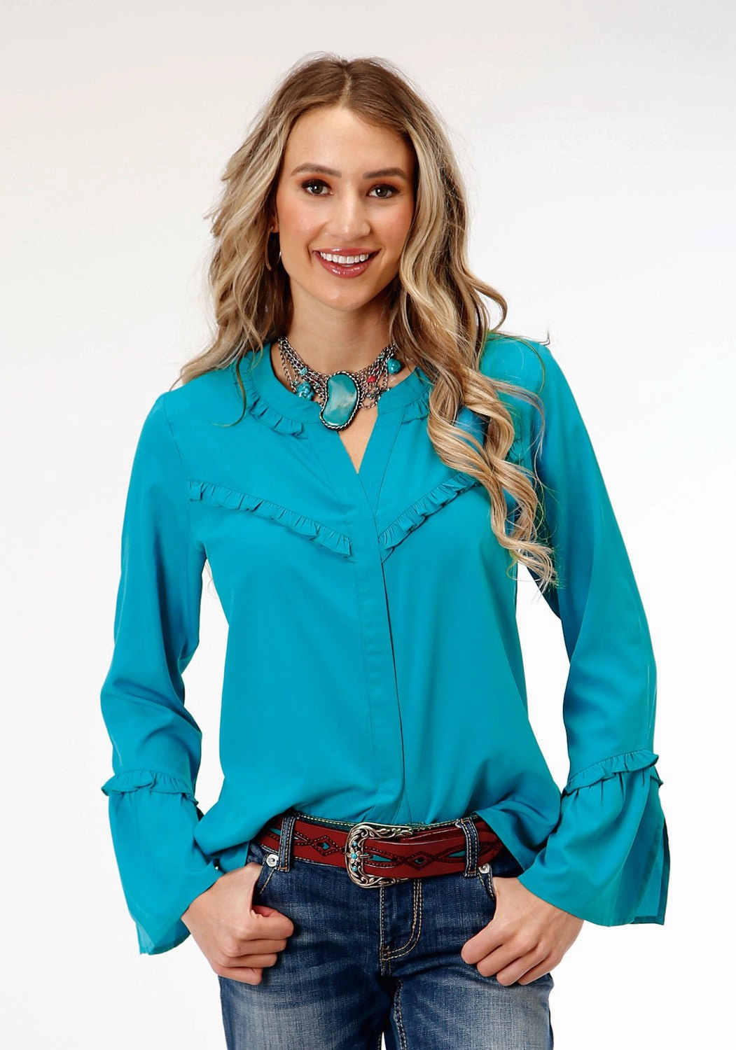 Cruise Collection Roper Womens Dark Turquoise Ruffle Blue Polyester L/S Blouse