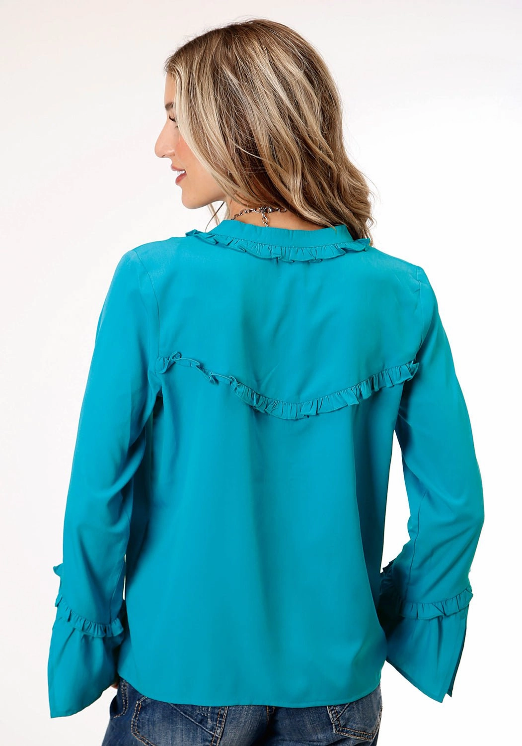 Roper Womens Dark Turquoise Ruffle Blue Polyester L/S Blouse Monochrome Palette