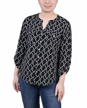 All Day Comfort 3/4 Roll Tab Sleeve Mandarin Collar Blouse
