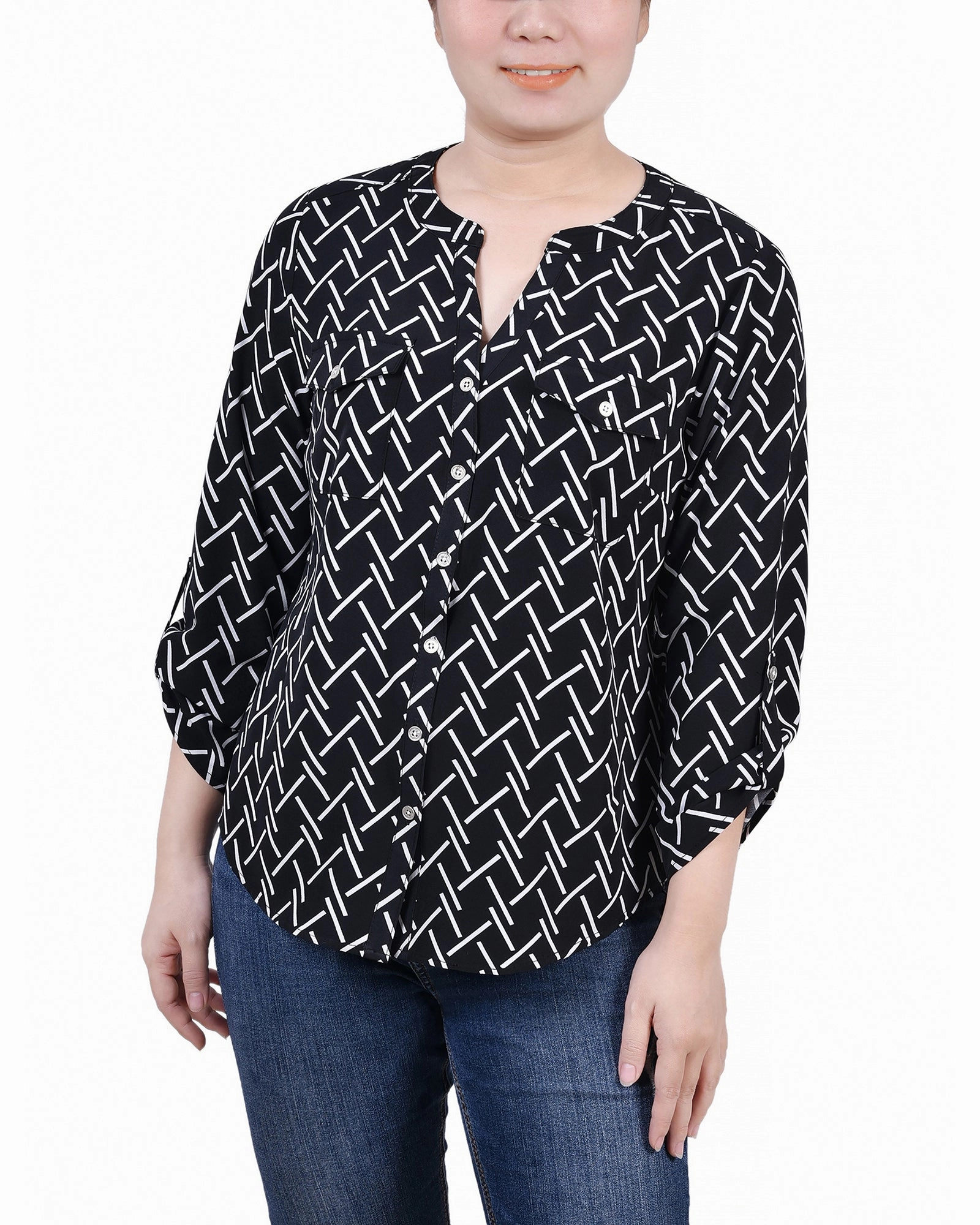 Ethically Sourced Yarn Compact Thermal Insulation 3/4 Roll Tab Sleeve Mandarin Collar Blouse
