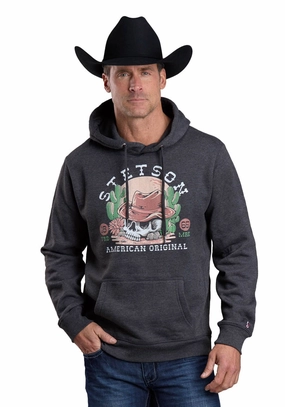 Double Layered Collar Stetson Mens Skull With Cowboy Hat Charcoal Poly/Cotton Hoodie
