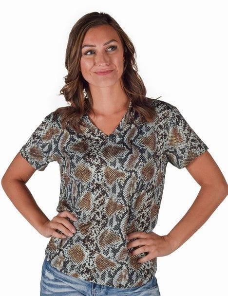 Cowgirl Tuff Womens Flowy V-Neck Snake Dusty Blue Poly/Spandex S/S T-Shirt Smooth Stitch Pattern
