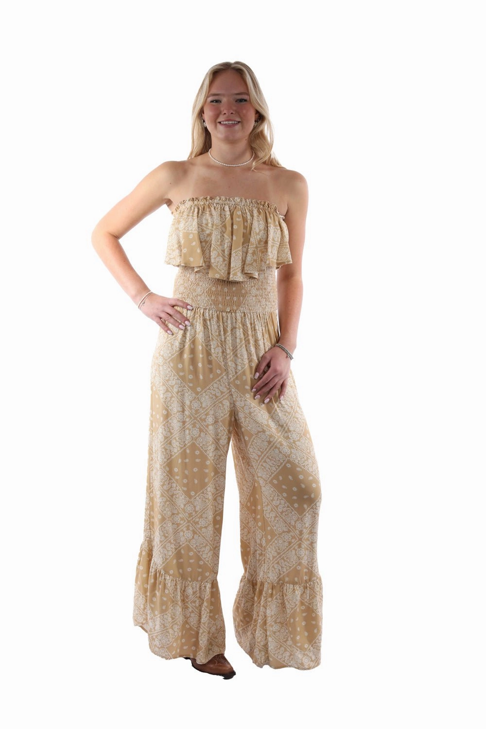 Scully Womens Strapless Ruffle Trim Toffee Lyocell S/L Jumpsuit Non Fade Fabric