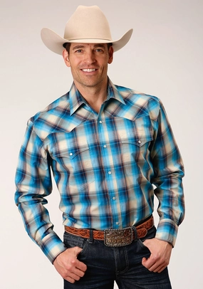 Weekend Outfit Roper Mens Sunset Plaid Blue 100% Cotton L/S Shirt