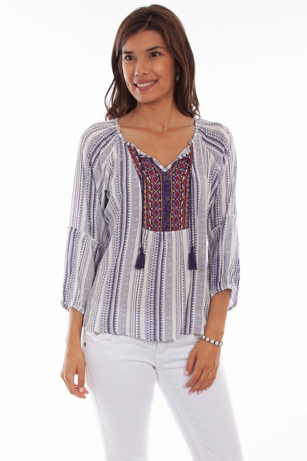 Bold Hue Scully Womens Navy Rayon Geo Peasant S/S Tunic