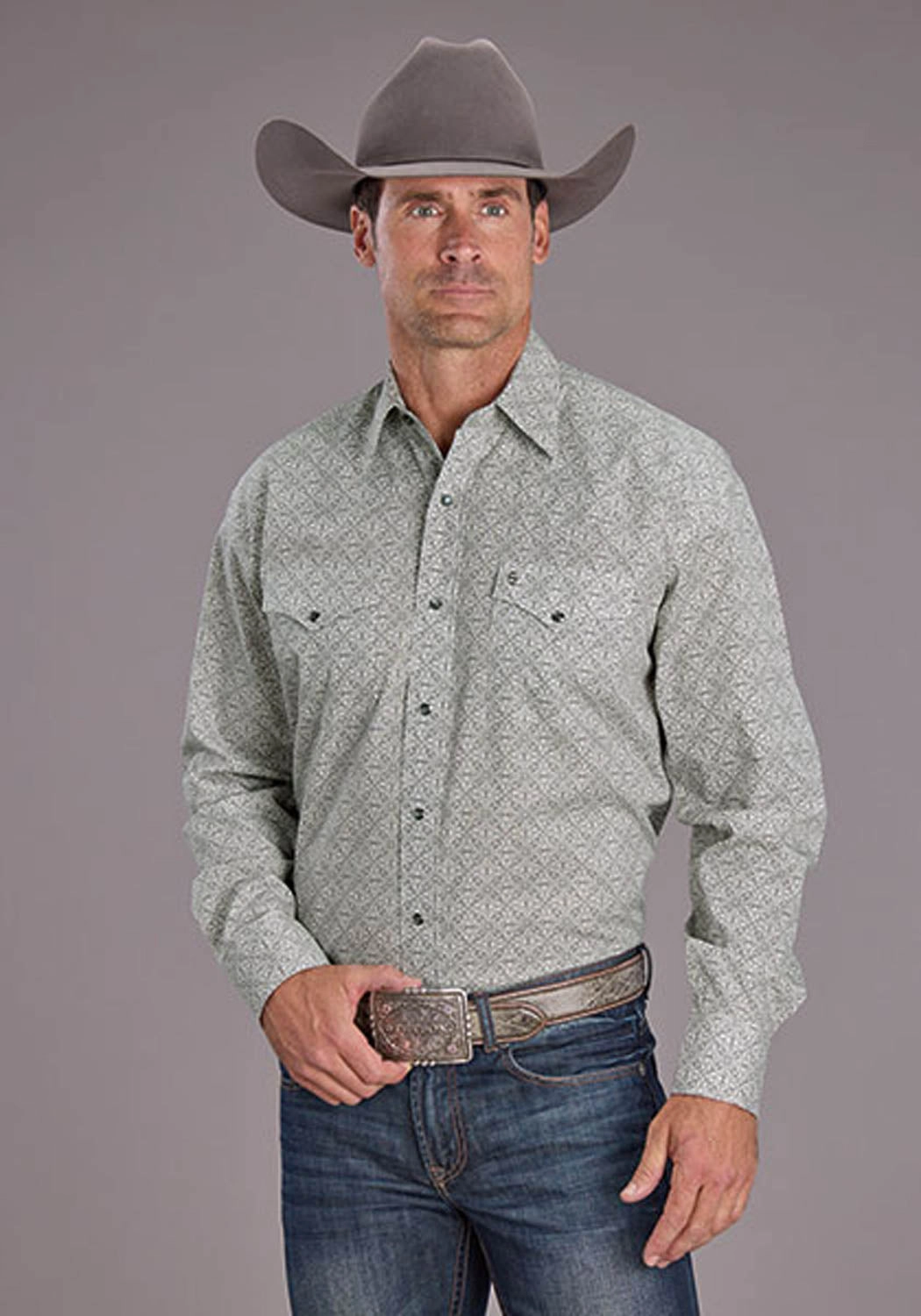 Stetson Mens 2518 Pewter Filigree Grey 100% Cotton L/S Shirt Bamboo Fiber Blend