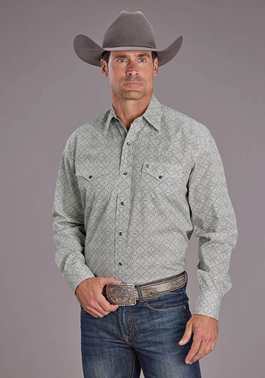 Raw edge Stetson Mens 2518 Pewter Filigree Grey 100% Cotton L/S Shirt