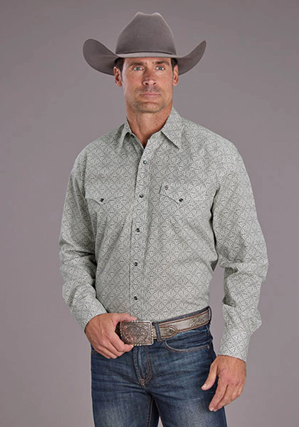 No Slip Shoulder Grips Comfort Wear Stetson Mens 2518 Pewter Filigree Grey 100% Cotton L/S Shirt