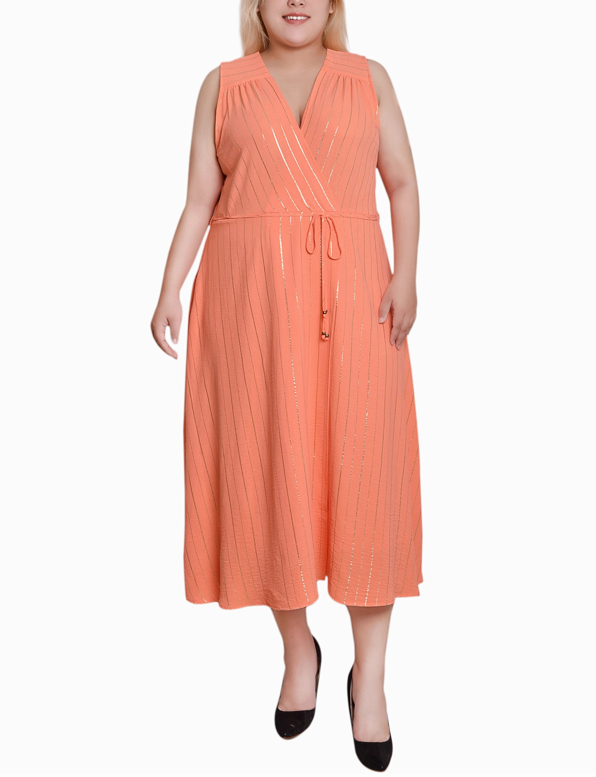 Plus Sleeveless Surplice Vertical Stripe Dress Effortless Mood
