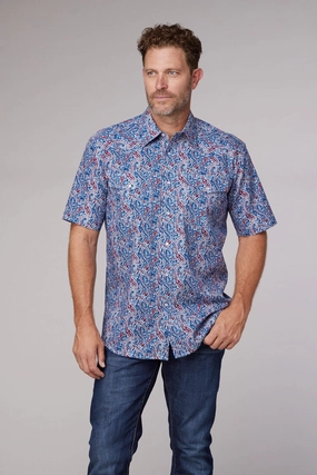 Roper Mens 2024 River Paisley Blue 100% Cotton S/S Shirt Breathable Material Zip Front