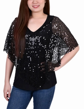 Fashionable Shirt Reinforced Shoulders Petite Sequin-Front Poncho
