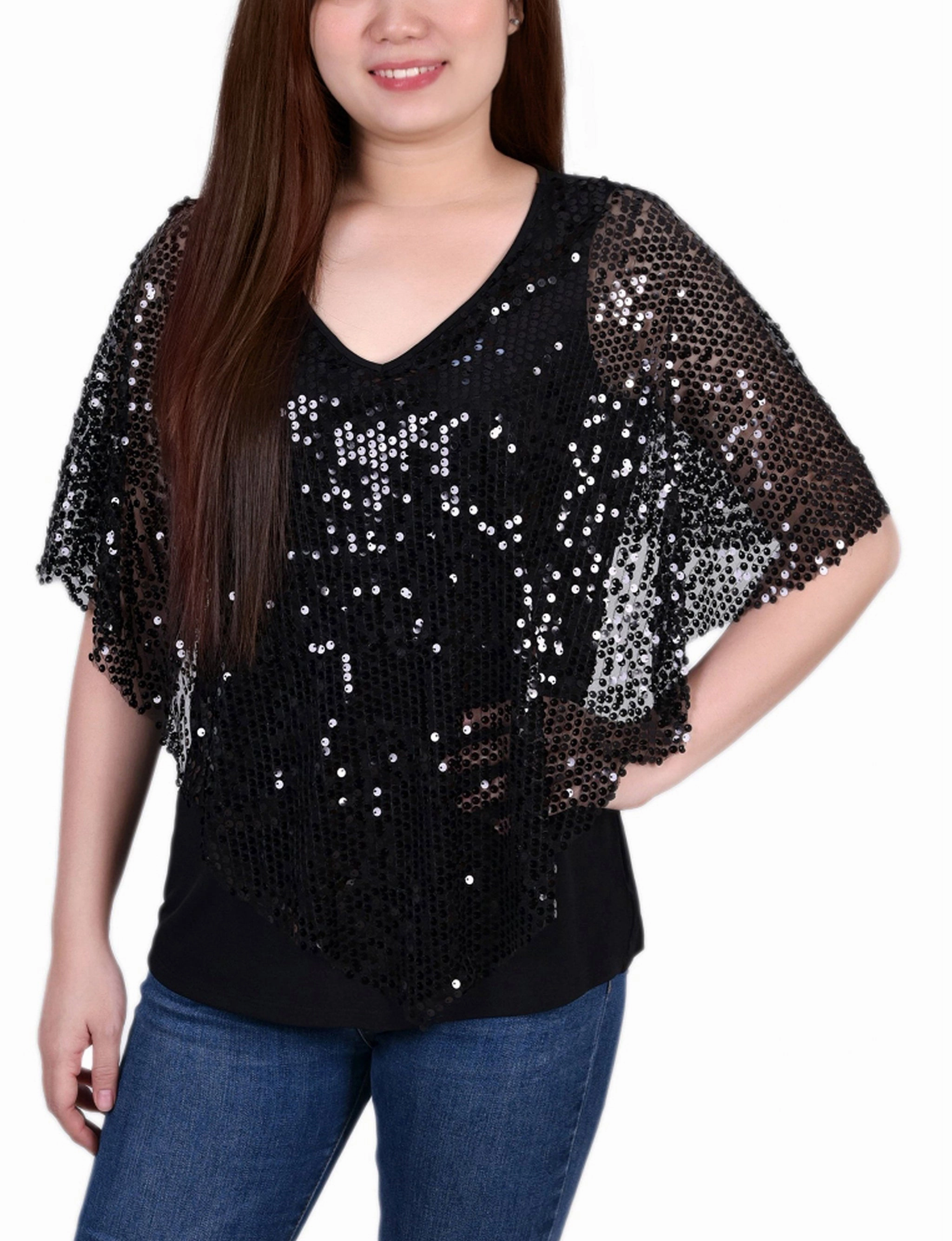 SlubTexture Double Needle Hemming Petite Sequin-Front Poncho