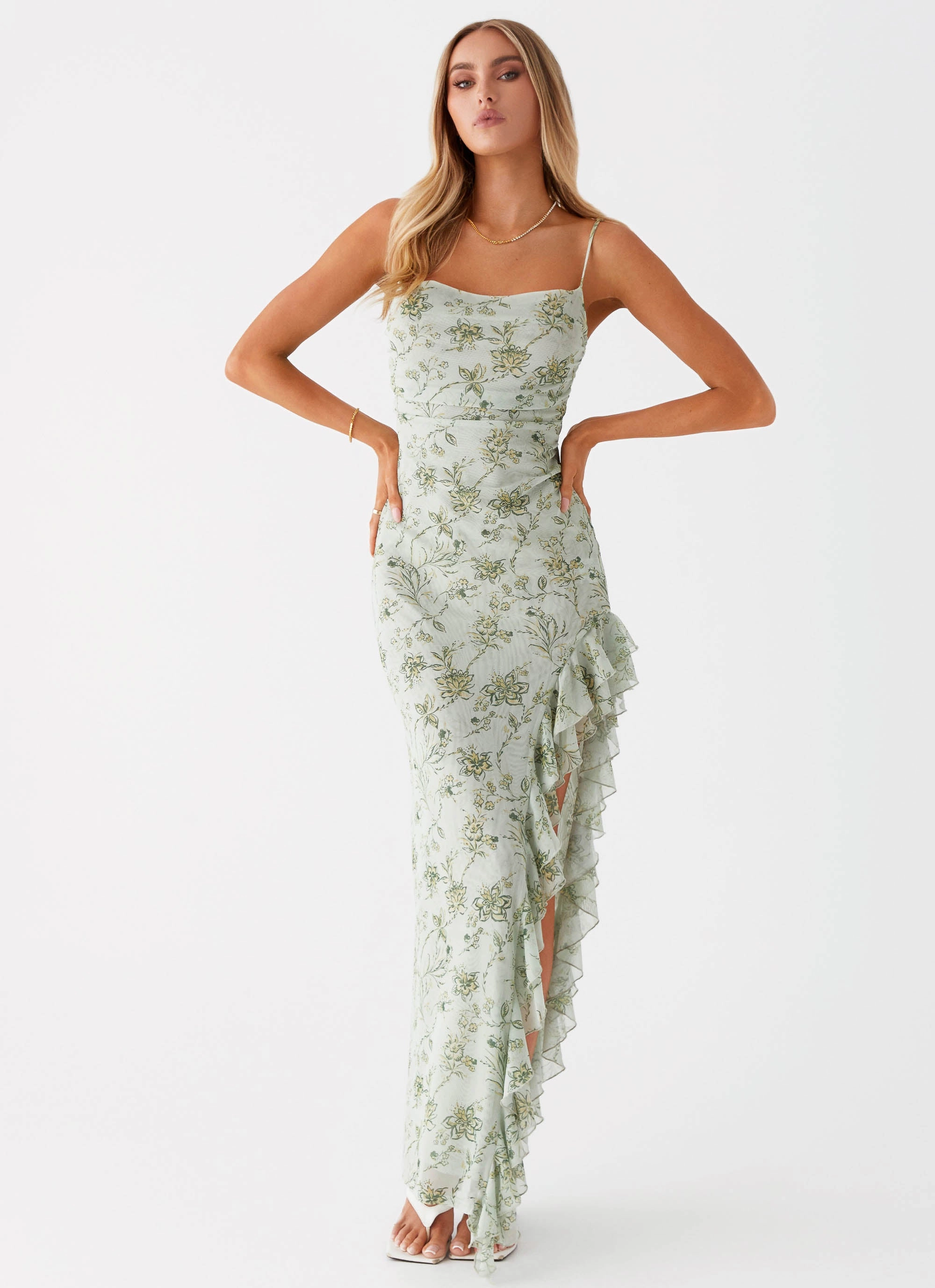 Calm Style Classic Wear Princessa Maxi Dress - Sage Floral