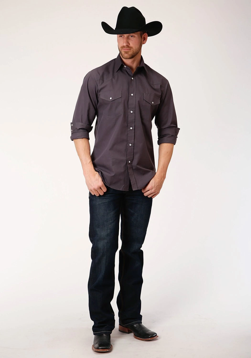 Roper Mens Grey Cotton Blend Slubby Tone L/S Tall Shirt Work Appropriate