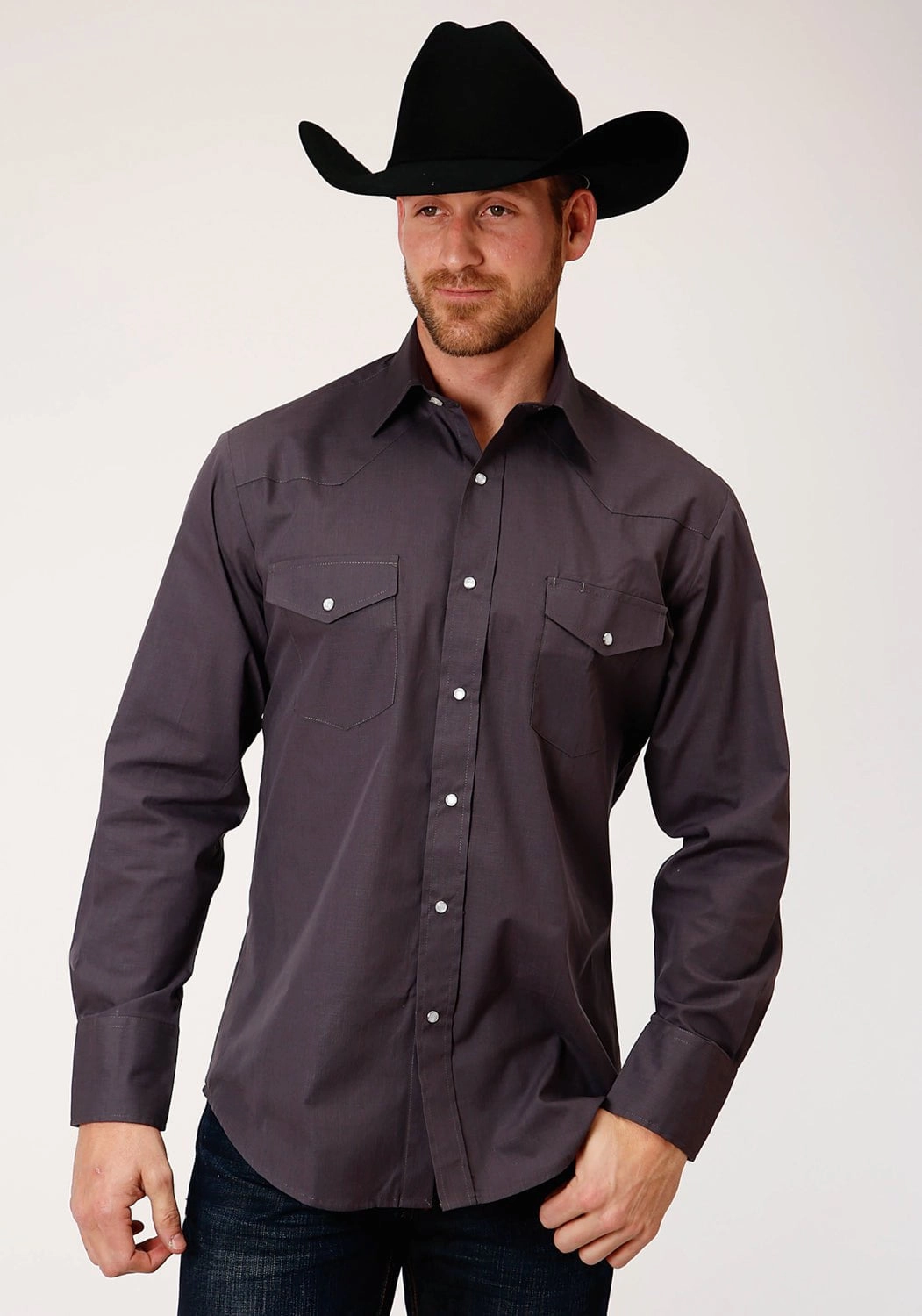 Reinforced Collar Roper Mens Grey Cotton Blend Slubby Tone L/S Tall Shirt
