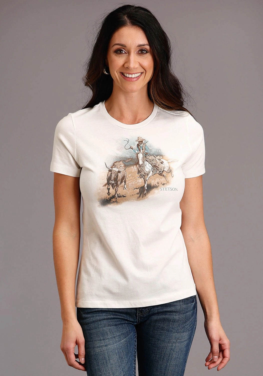 Youth fashion Stetson Womens White 100% Cotton Cattleman Scenery S/S T-Shirt