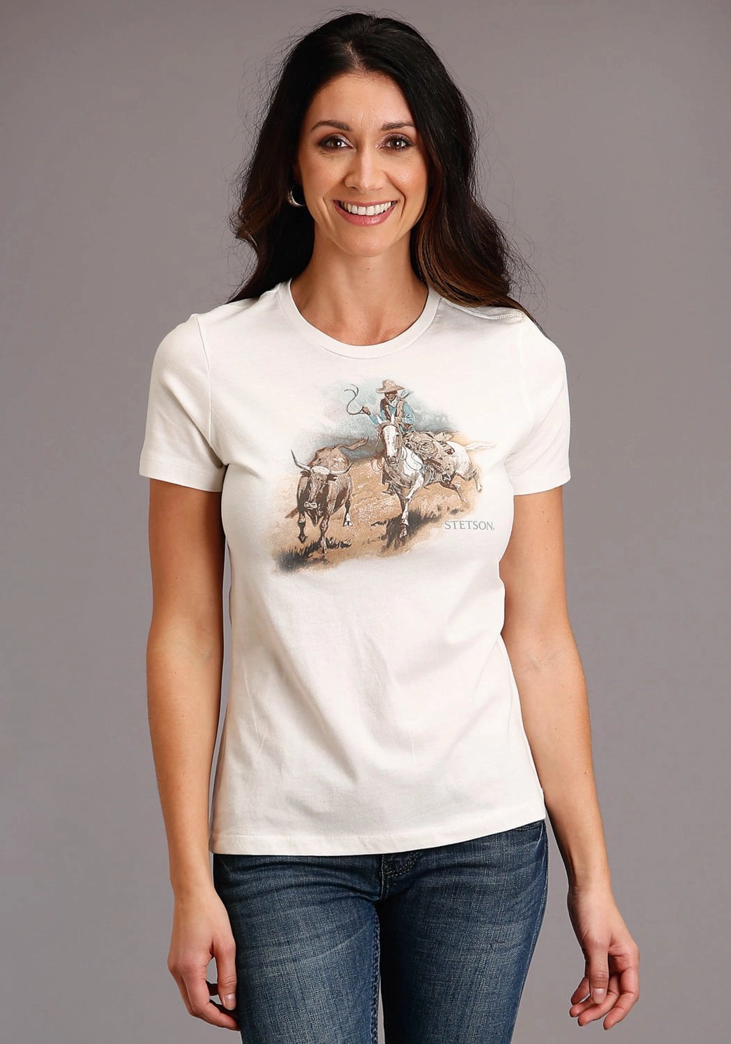 Thermoregulating Fabric Stetson Womens White 100% Cotton Cattleman Scenery S/S T-Shirt