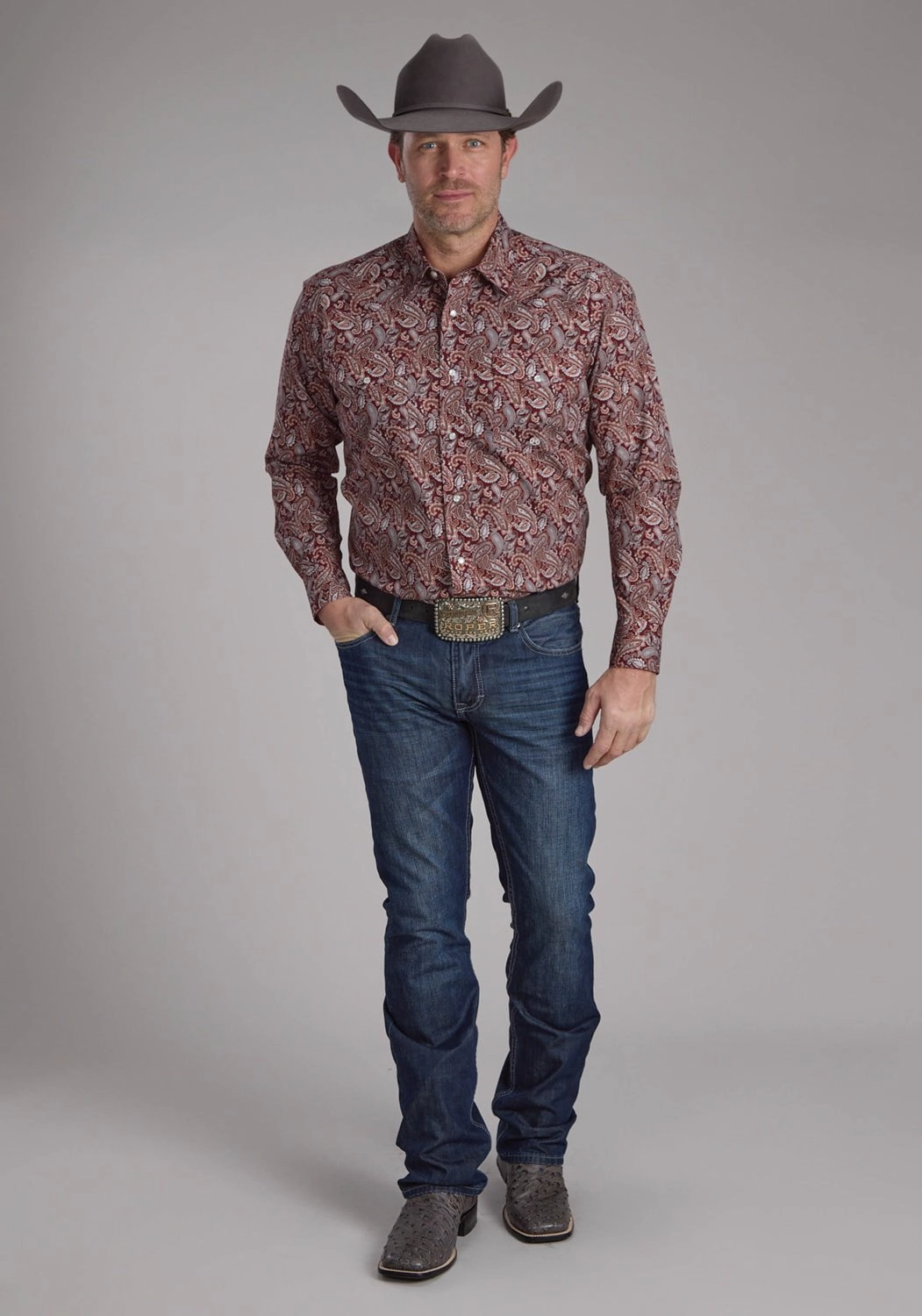 Hooded Option Chambray Fabric Roper Mens 2242 Sangria Paisley Wine 100% Cotton L/S Shirt