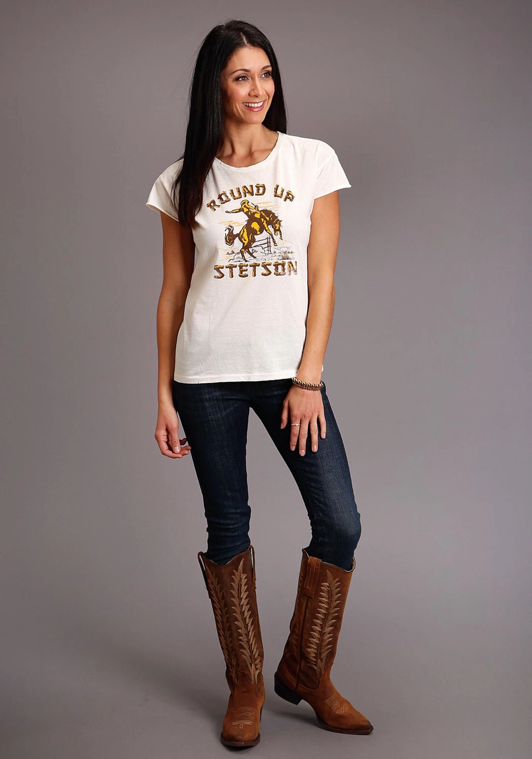 Stetson Womens Cream/White 100% Cotton Round Up S/S T-Shirt Modern Look Timeless elegance