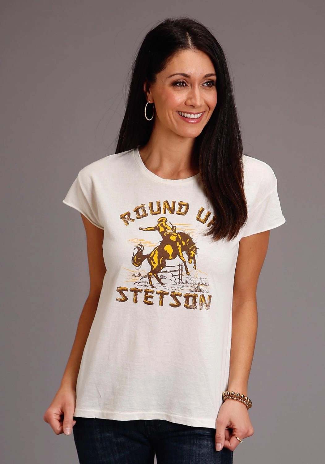 Stetson Womens Cream/White 100% Cotton Round Up S/S T-Shirt Classic Collar