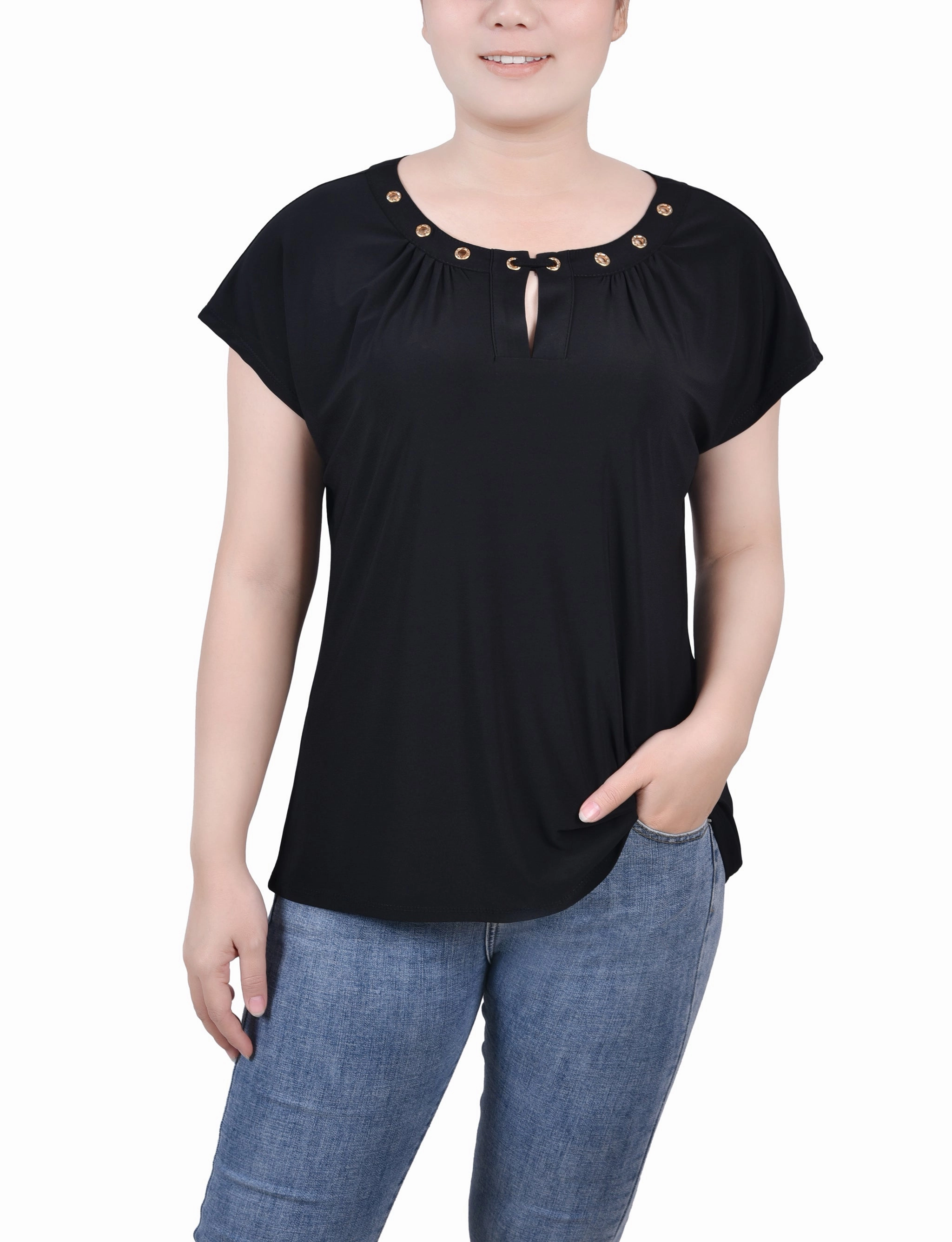 Multi Directional Mobility DropShoulder Short Extended-Sleeve Grommet Neck Knit Top