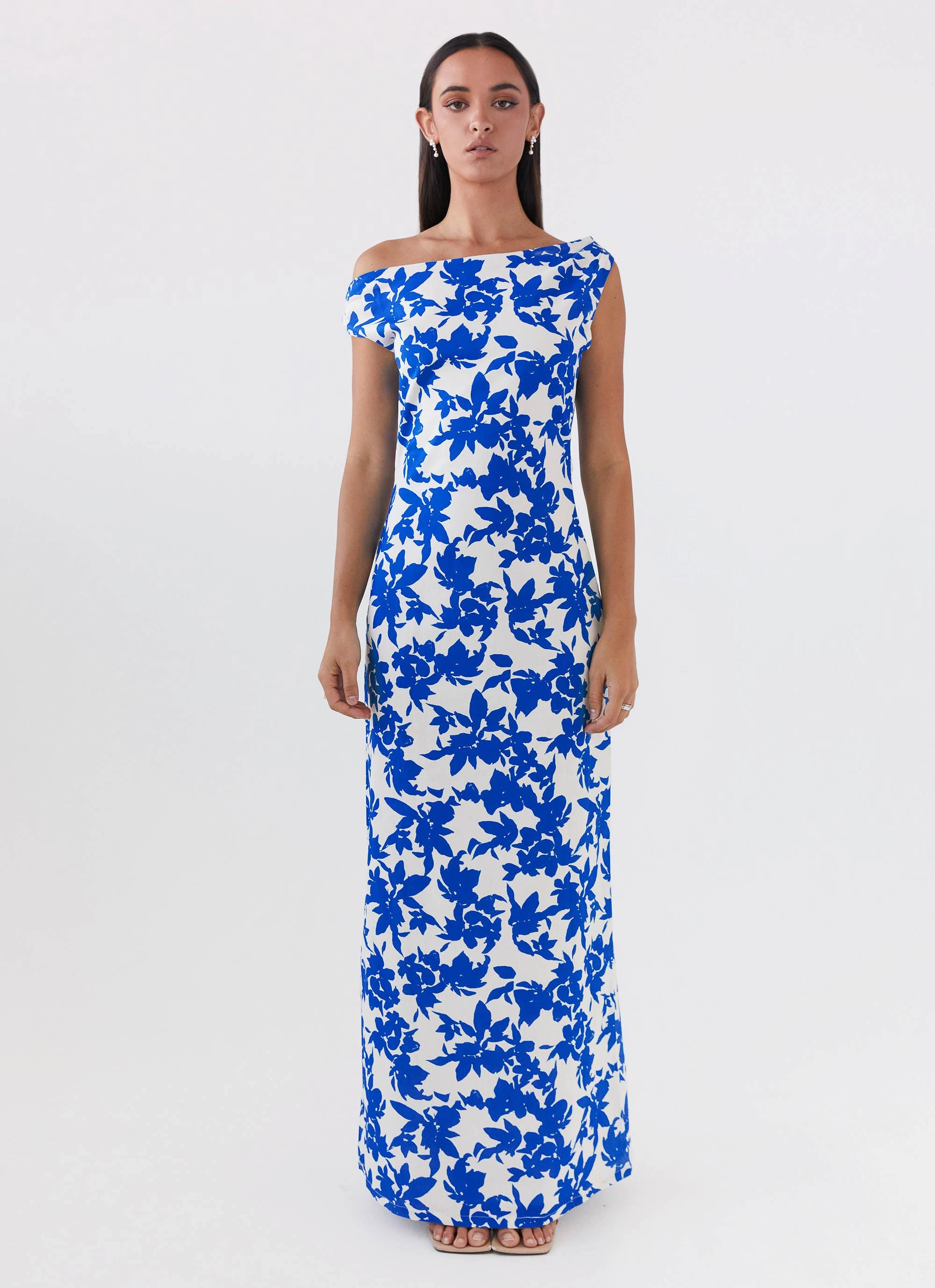 Light Weave Seasonal Layer Pyper Off Shoulder Maxi Dress - Blue Floral